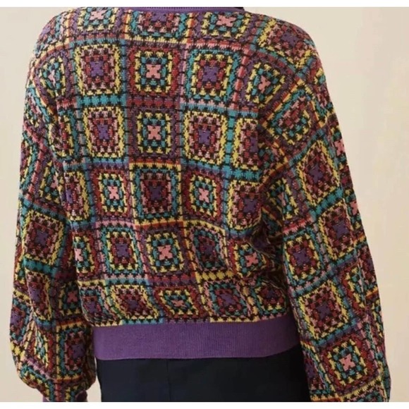 Farm Rio Granny Square Multicolor Boat Neck Geometric Knitted Crochet Sweater S - Picture 2 of 14